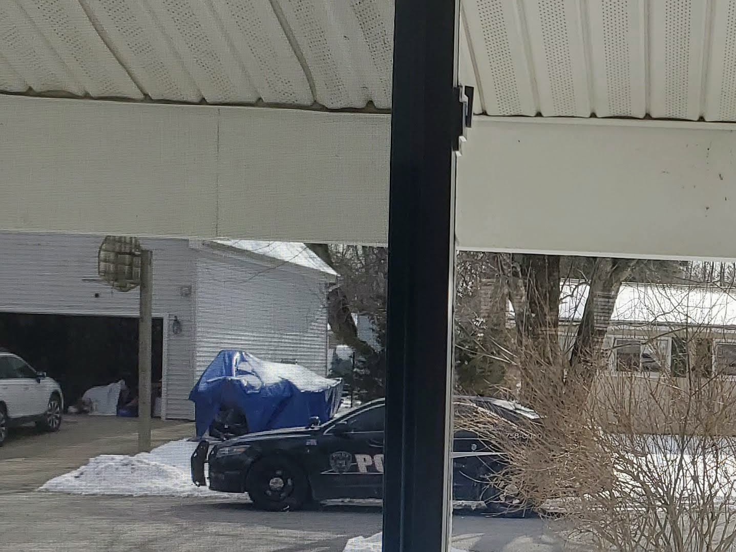 A police car seen through a window screen